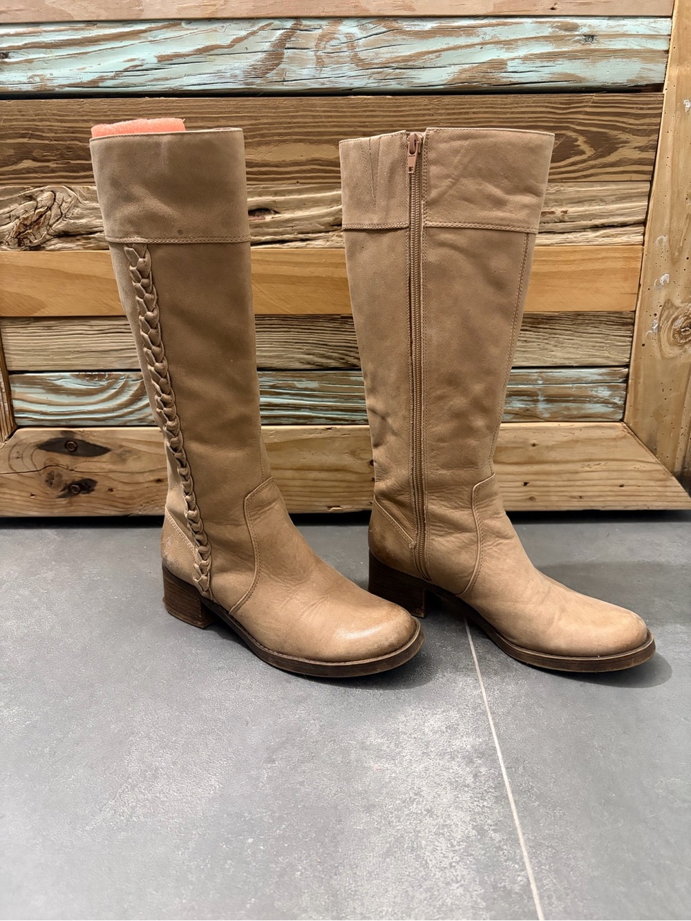 Lucky Brand Maltet Leather Braided Knee High Boots Beige 6.5